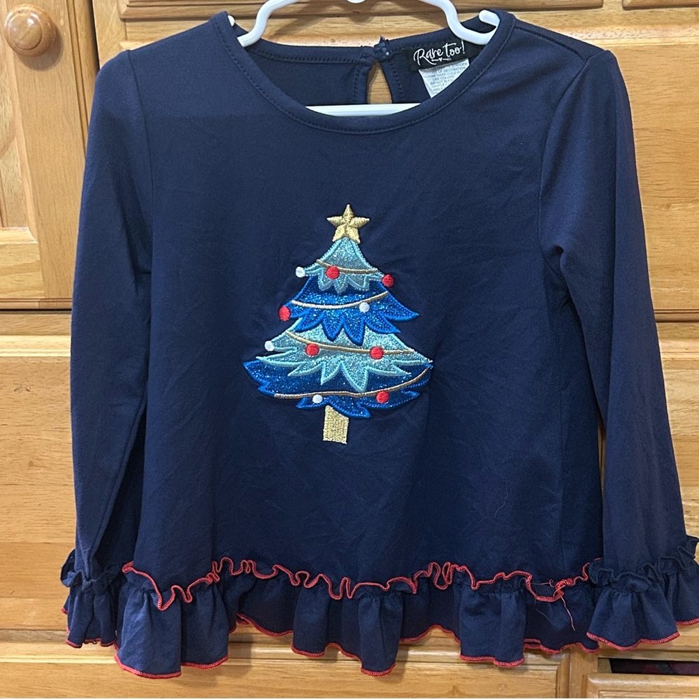 Rare Too! Girl’s Christmas Holiday Shirt Blue w/Blue Tree & Decorations Size 2T